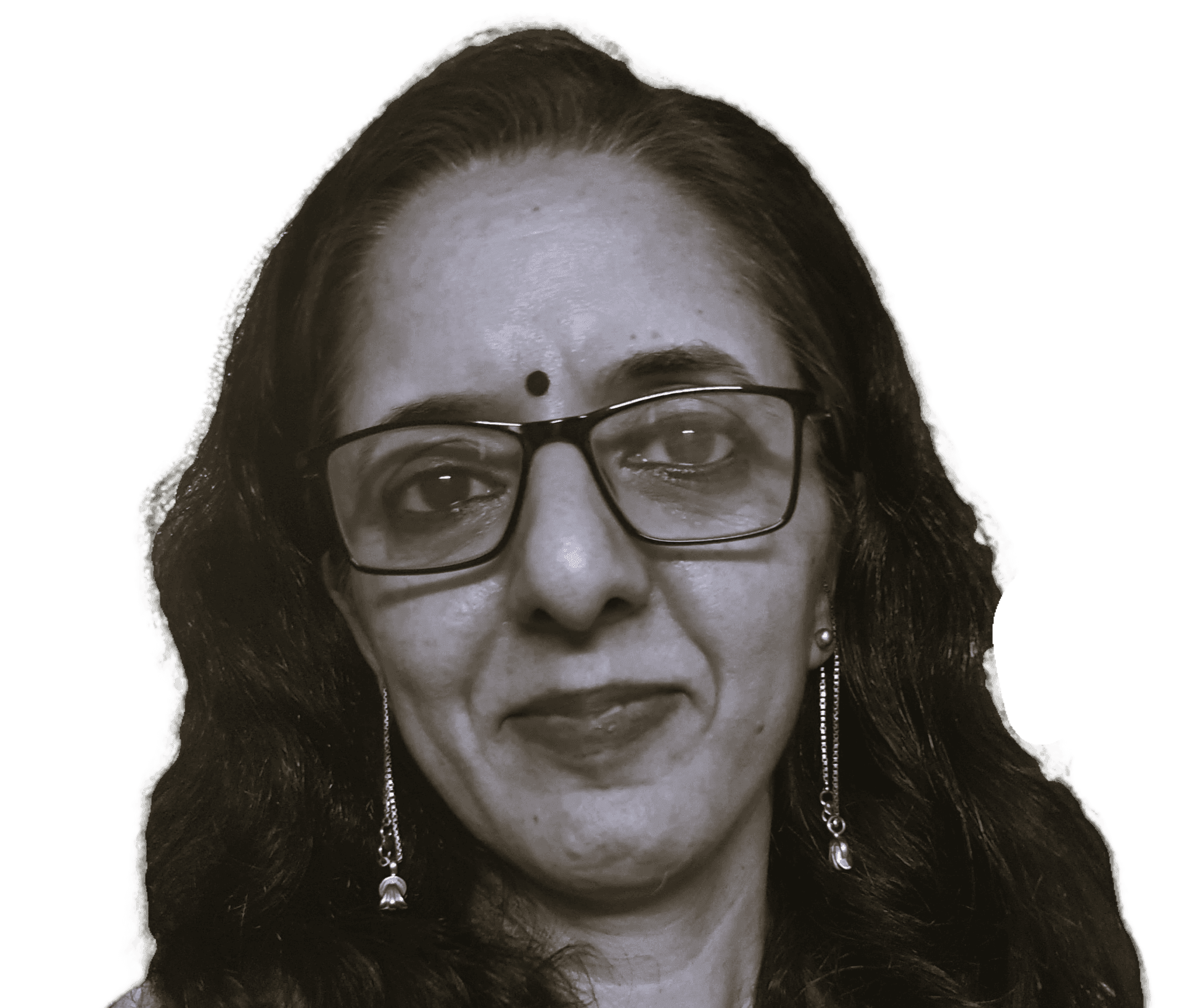Portrait of a woman with glasses and earrings, monochrome background.